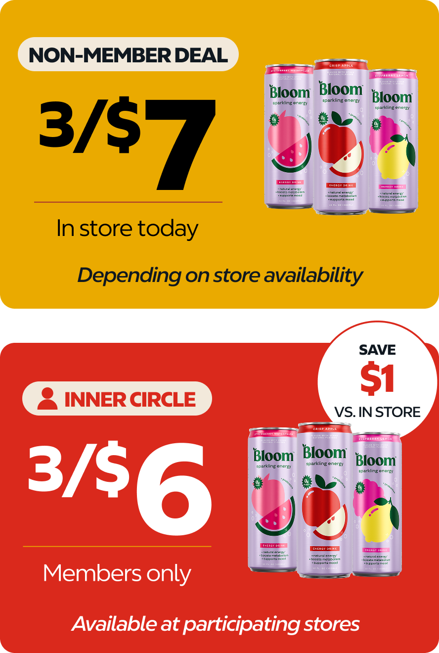 Bloom Sparkling Energy deal: 3 for $7 for non-members and 3 for $6 for Inner Circle members, shown with Strawberry Watermelon, Crisp Apple and Raspberry Lemon cans