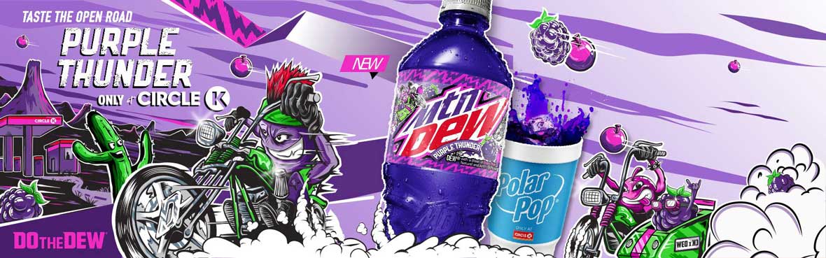 Taste the open road with Purple Thunder Mountain Dew, only at Circle K.