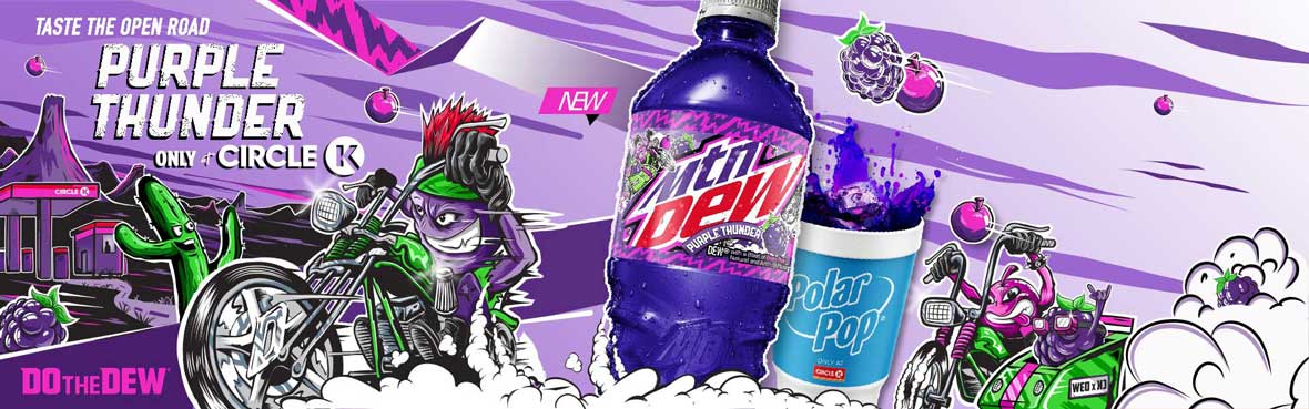Taste the open road with Purple Thunder Mountain Dew, only at Circle K.